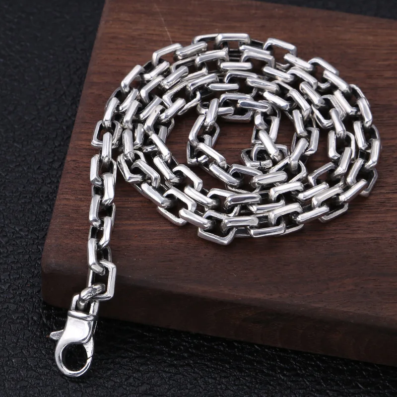 Hip hop S925 Sterling Silver Thai Silver Rapper Men Box Chain Link Necklace 925 Pure Silver Male Thick Necklace 7mm Fine Jewelry