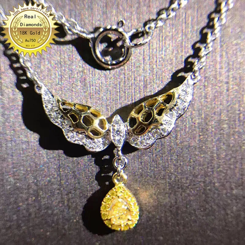 

18K gold necklace natural 0.13ct yellow diamond and 0134ct white diamonds necklace