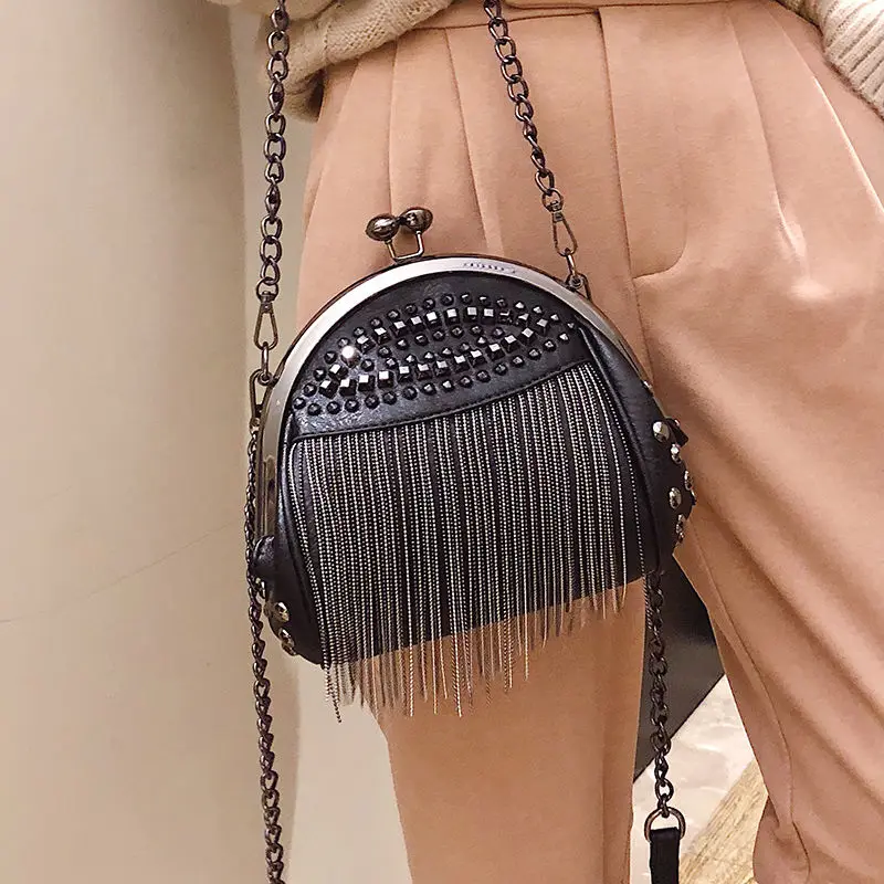 Fringe Designer Insert Rivet Vintage Fashion PU Leather Chain Women Shoulder Crossbody Bag Shell Bags Women\'s Handbags Purses