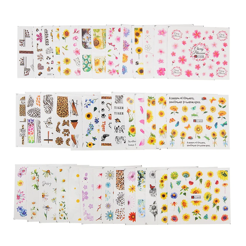 ชุดสติกเกอร์ติดเล็บลายเสือดาวดอกทานตะวัน48ชิ้นลายเล็บตกแต่งภาพสไลเดอร์น้ำ