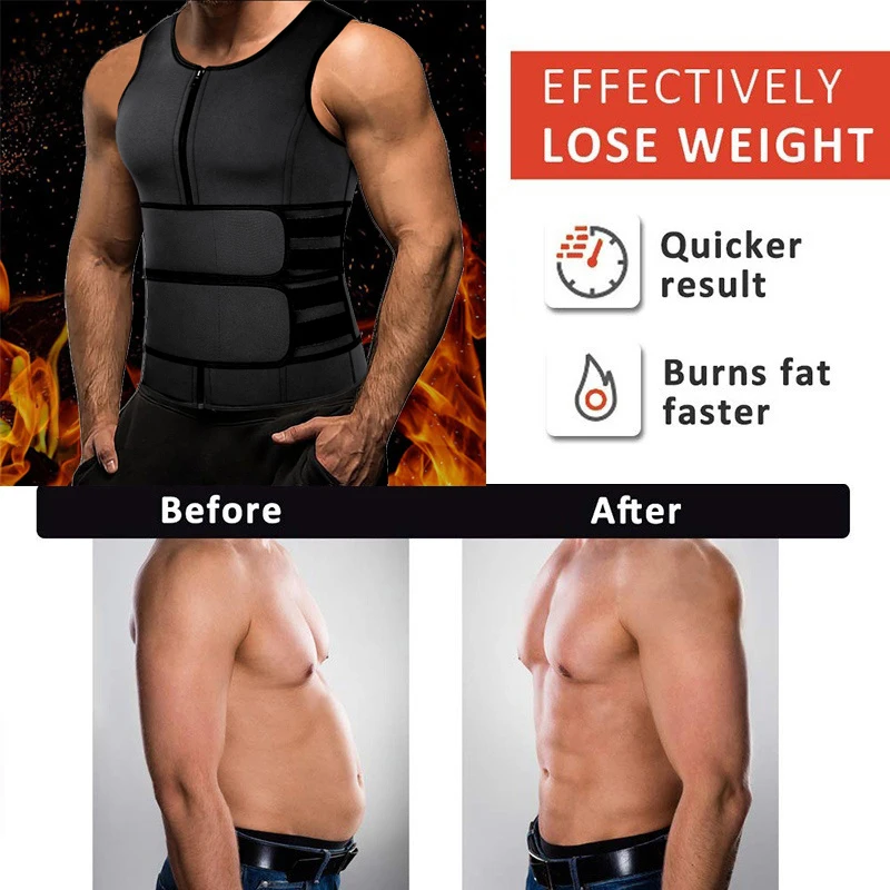 Homens espartilho emagrecimento neoprene sauna terno zíper cintura trainer colete tanque superior trimmer corpo shaper com dois cinto suor shapewear fitness regata masculina emagrecimento fino emagrecedor emagrecer bar