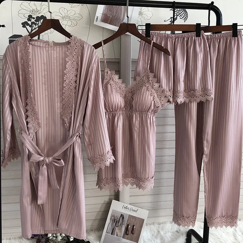 Spring Summer Women 4PCS Pajamas Set Sexy Nightwear Lace Bathrobe Nightgown Shorts Four-piece Suit Satin Sleepwear Home Wear