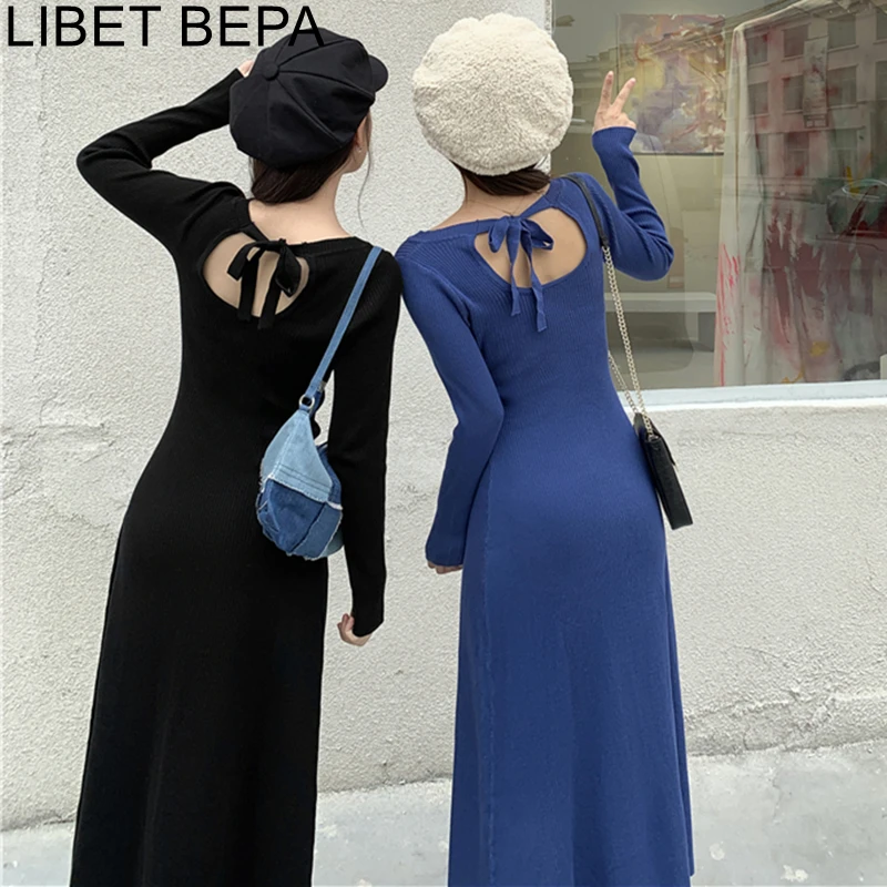 2022 New Knitting Dress Basic Bottoming Cutout Sexy Warm Elasticity Lady Vintage Wild  Women Autumn Winter Long Dresses DR40033