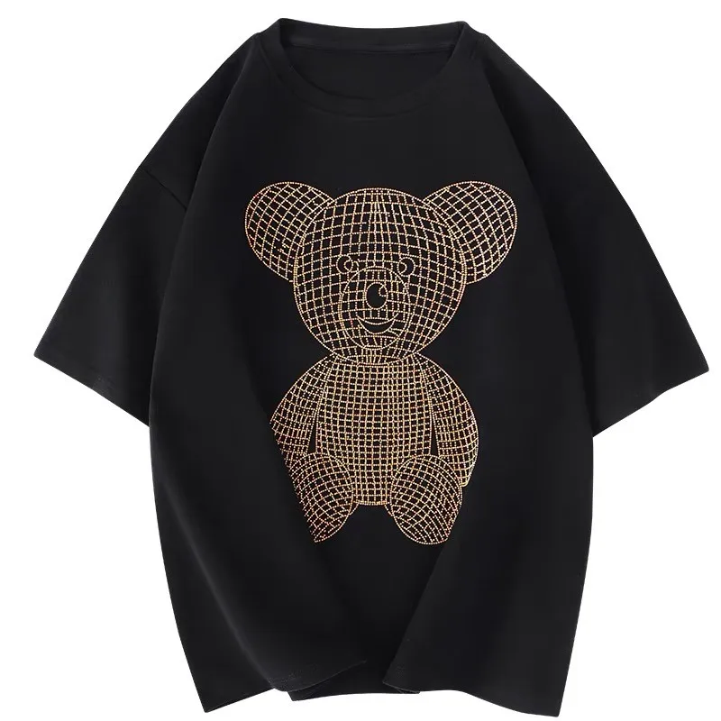 Women's Shirt Heavy Industrial Loose T-shirt Hot Drilling Bear 2022 Summer Fashion Black and White T-shirt Half Sleeve T-shirt