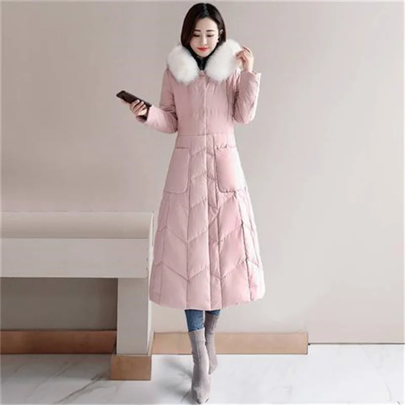 2021 Women Korean Style Down Padded Jacket Female Winter Long Section Slim The Knee Size Large Fur Collar Padded Zipper CoatA428