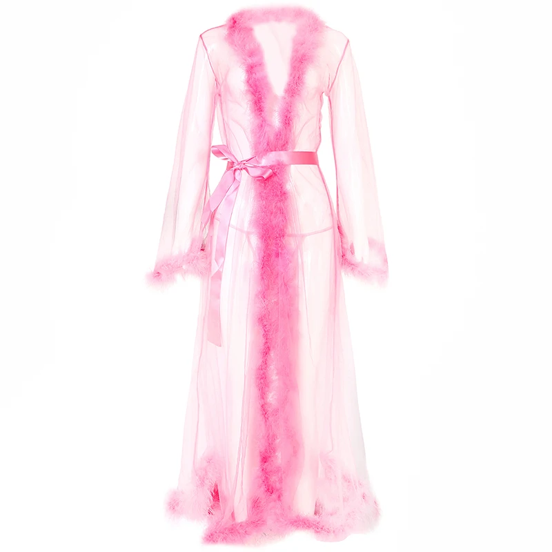 Sexy Feather Robe Mesh Sheer See Through Sleepwear Robe Long Sleeve Night Gown Erotic Women Sexy Lingerie