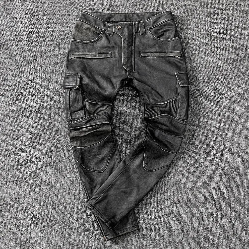 

Europe Style Men's High quality Cow leather pants Hot Fashion genuine leather biker pants C765