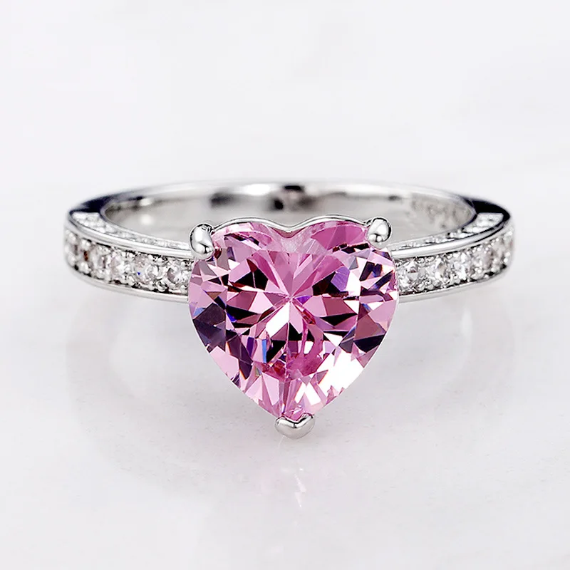 HUAMI New Wedding Ring Valentine's Day Heart-shaped Pink Diamond Zircon Ring Two Colors Available Fashion Ladies Ring Jewelry