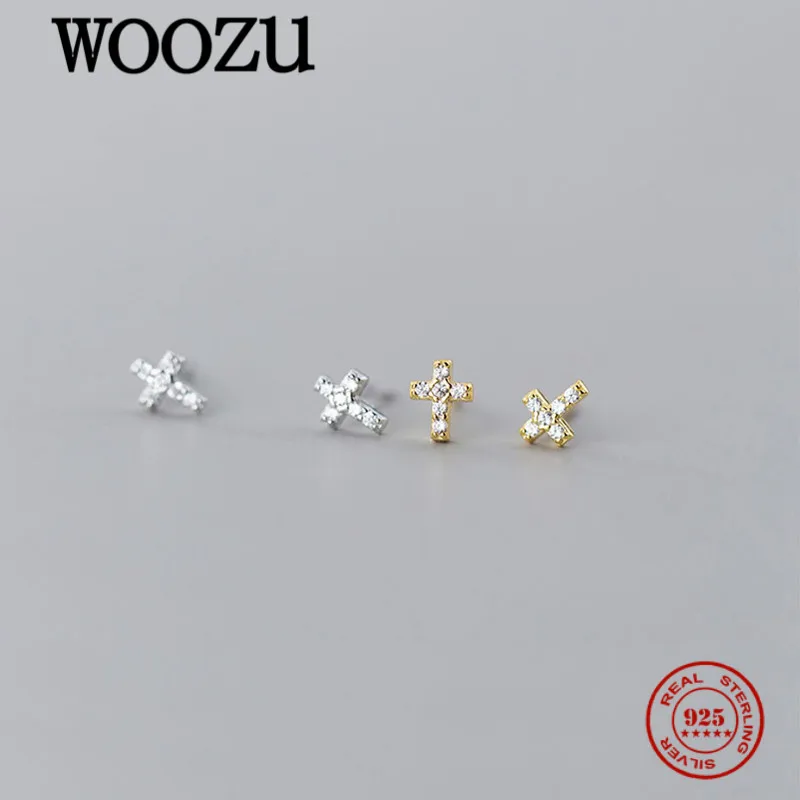 WOOZU Real 925 Sterling Silver Mini Simple Cross Zircon Stud Earrings For Women Party Korean Punk Jewelry Gift Accessories