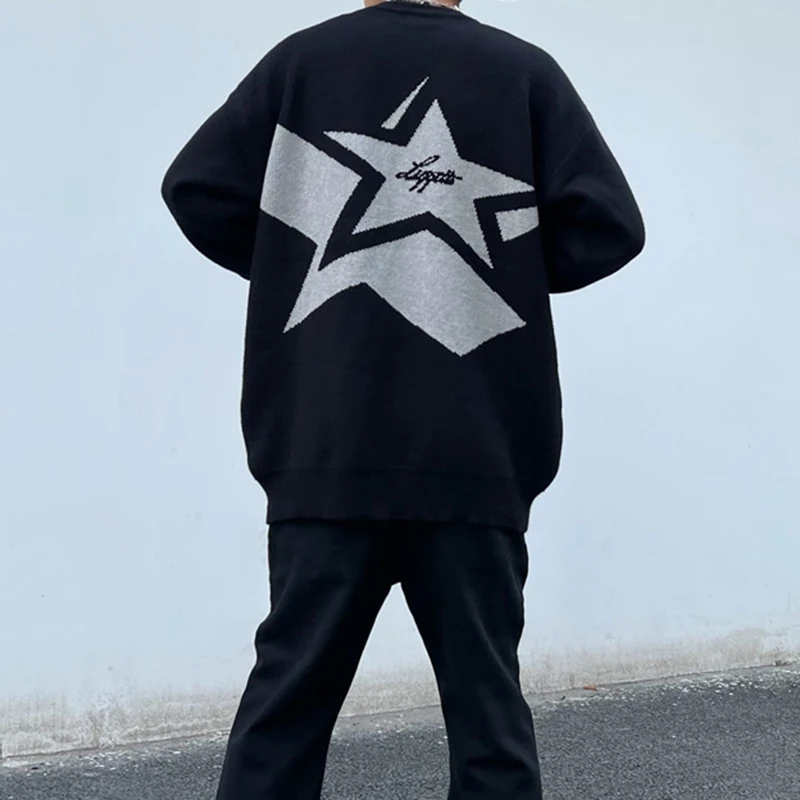 Y2k Japanese Retro Alphabet Stars Crew Neck Sweater Men and Women Pullover High Street Oversize Loose Casual Autumn Knit Sueter