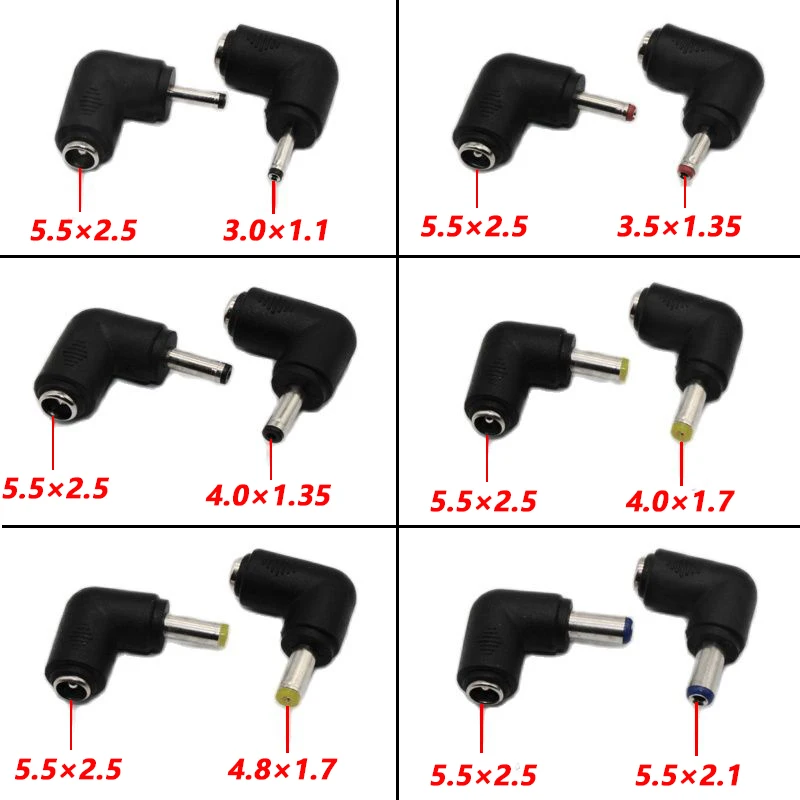 

Разъем постоянного тока 5,5x2,5 мм мама до 3,0 × 1,1, 3,5 × 1,35, 4,0 × 1,35, 4,0 × 1,7, 5,5 × 2,1 мм Штекерный конвертер адаптер питания для ноутбука 90 градусов.
