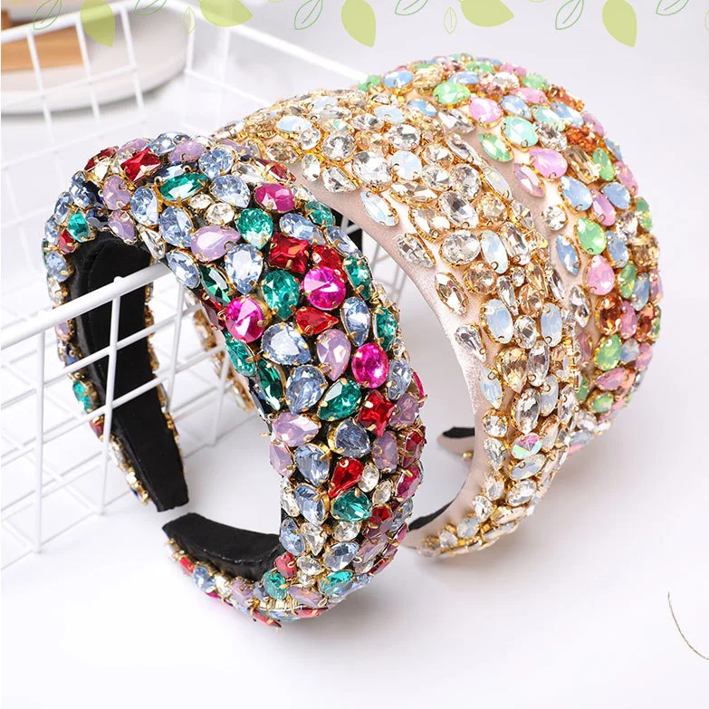 

New Full Crystal Color Baroque Wide Side Jeweled Headband for Women Hair Accessories Hair Band Headdress Shiny Diamond Gift