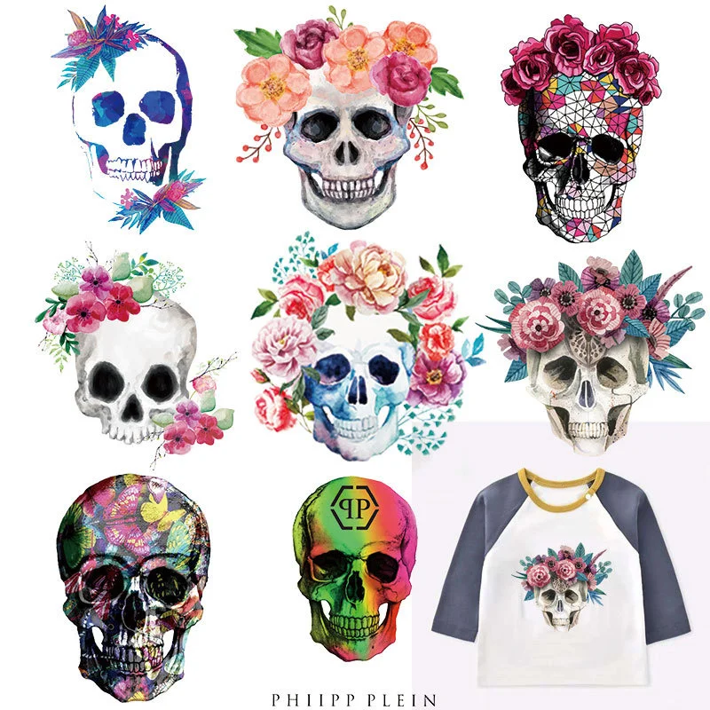 

Small punk style skull flower Iron On patches DIY for children's clothing decoration with vinyl heat transfer stickers