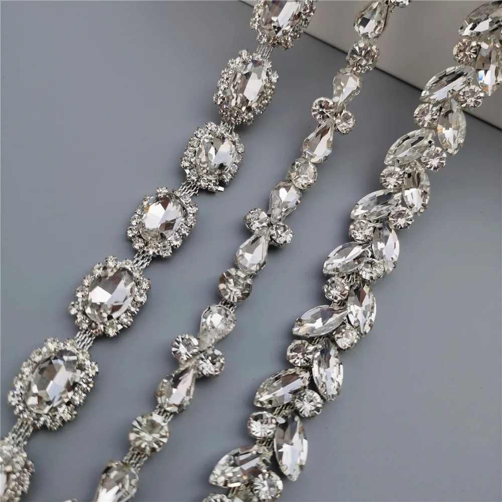 45cm/Lot Silver Glass Crystal Chain Bling Rhinestone Trim Metal Ribbon Necklace Decoration Wedding Dress Clothing Accessories