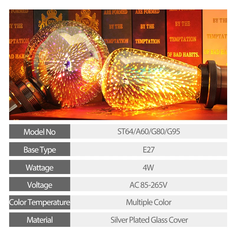 Ampoule décorative 3D Edison, vintage, 4W, 85-265V, lampe feux d\'artifice étoiles, veilleuse de vacances, nouveauté, G80, G95, ST64, A60