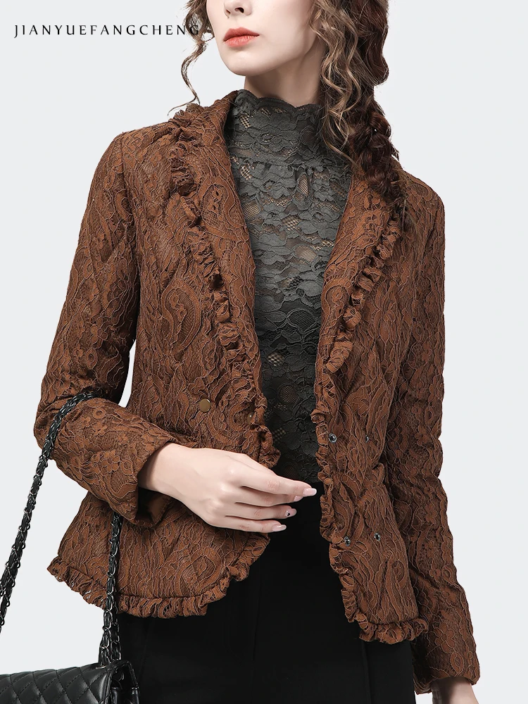 Fashion Lace Fabric Women Winter Short Down Jacket Brown Elegant Suit Collar Ruffles Warm Thicken White Duck Down Puffer Coat