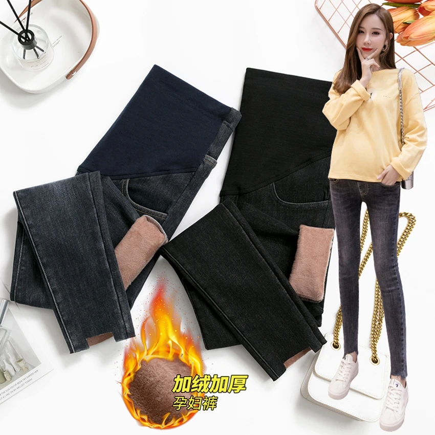 

Pregnant women plus velvet jeans winter pregnant women's feet pants thickened warmth fashion jeans stretch tide mom