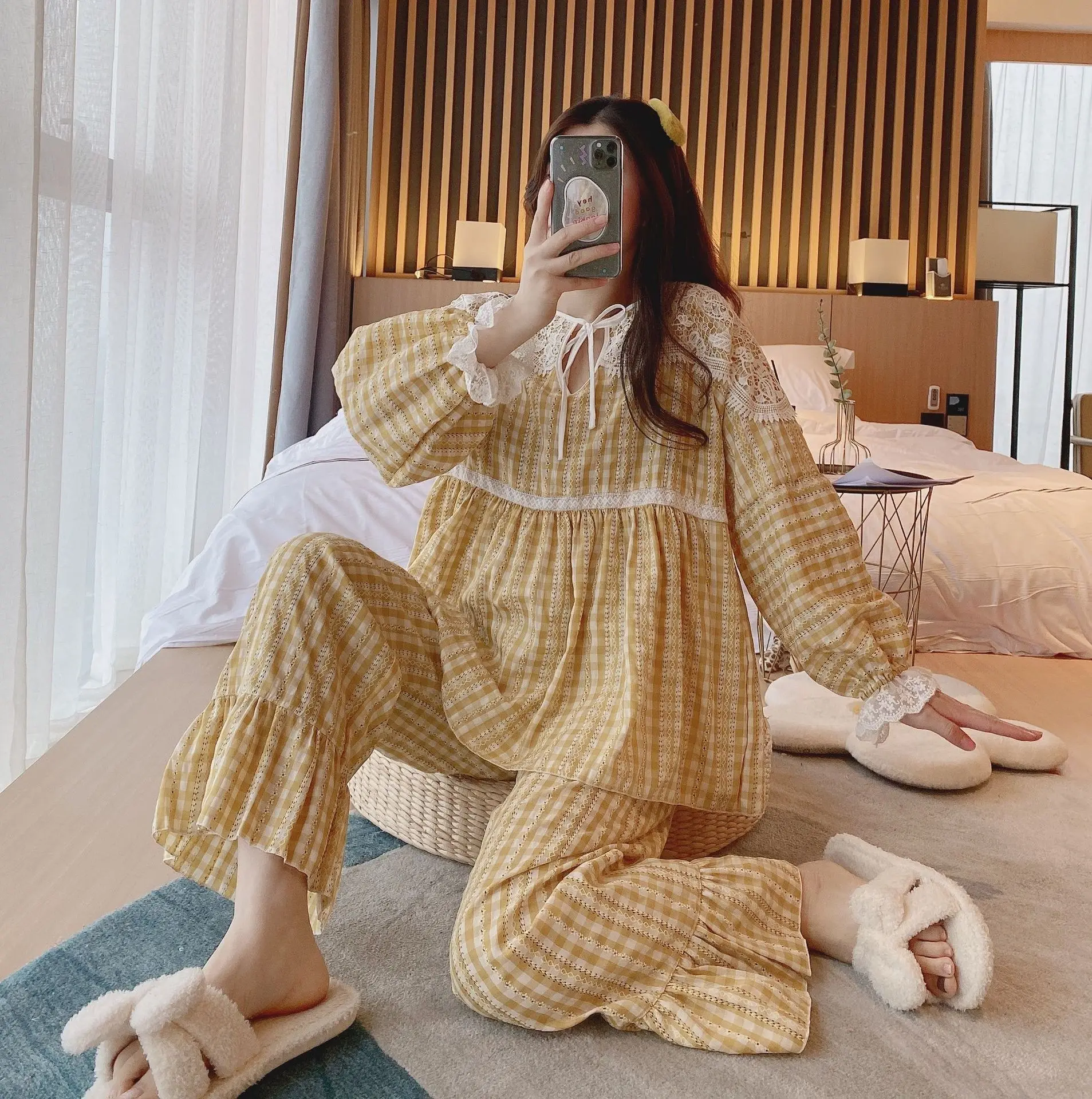 

2021Two Piece Set Plaid Girls Cute Rope Pajama Set Cotton Cute Loose Home Wear Pajama Set Women Bedroom Set Pijamas
