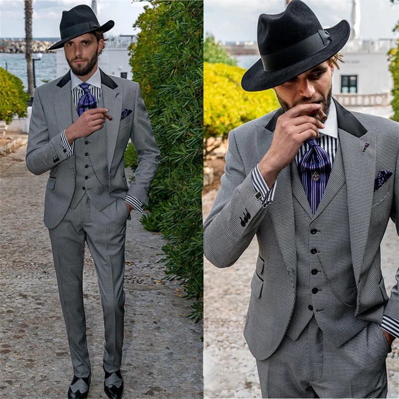 

Fashion 3 Piece Men Suits Houndstooth Style Customized Fit Lapel Party Suits Wedding Tuxedo Modern Fashion Coat+Pant+Vest