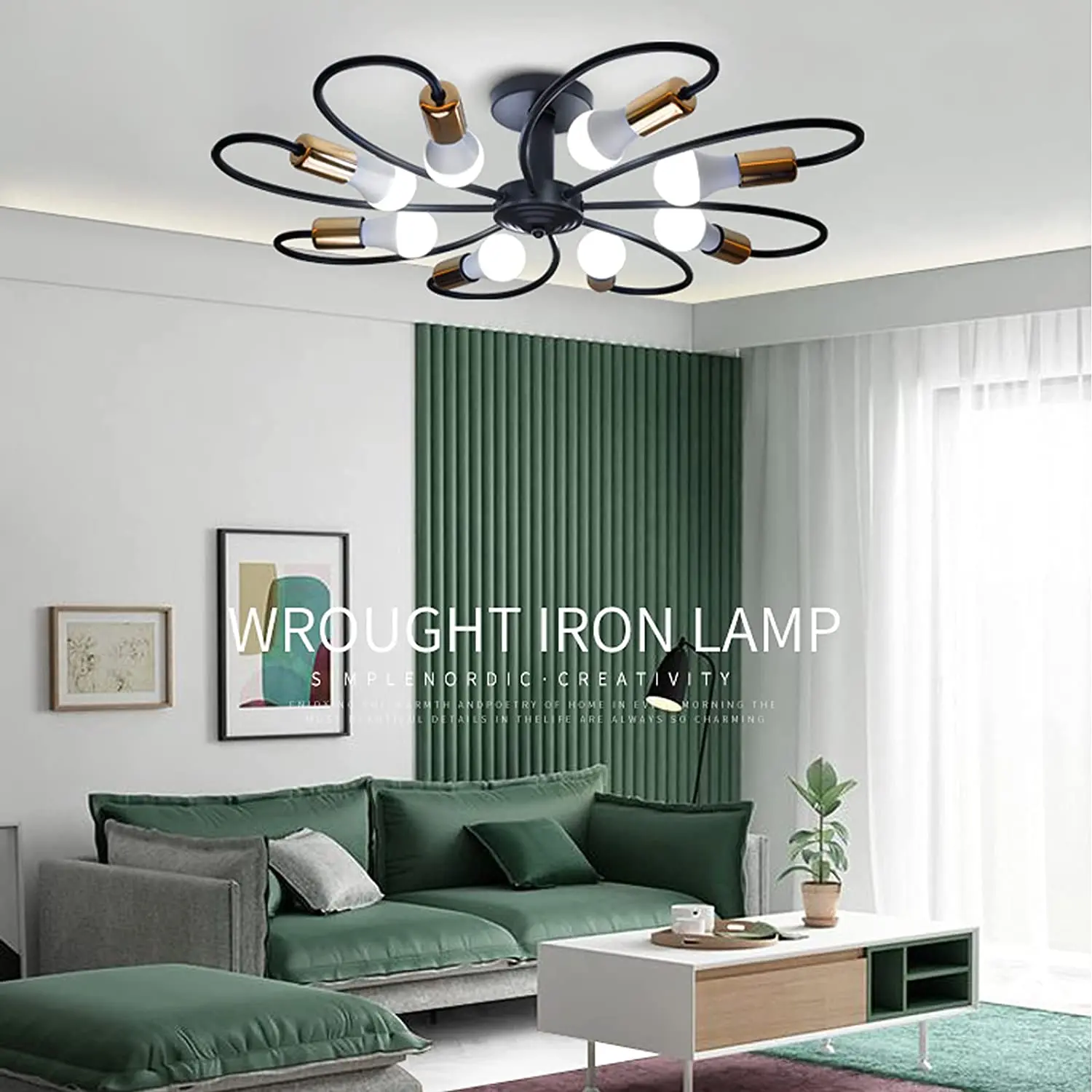 Ganeed lampu langit-langit 8 lampu Semi Flush, lampu gantung Modern Sputnik, lampu liontin logam Abad Pertengahan (hitam & Emas)