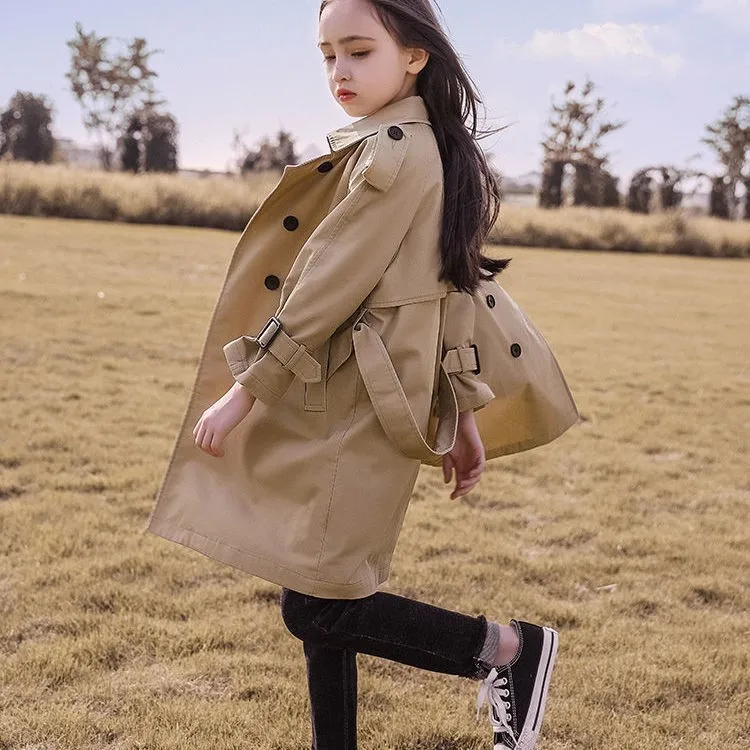 Spring Autumn Cotton Kids Girls Long Trench Coats Fashion England Style Windbreaker Jacket For Girls Cott Children Clothing