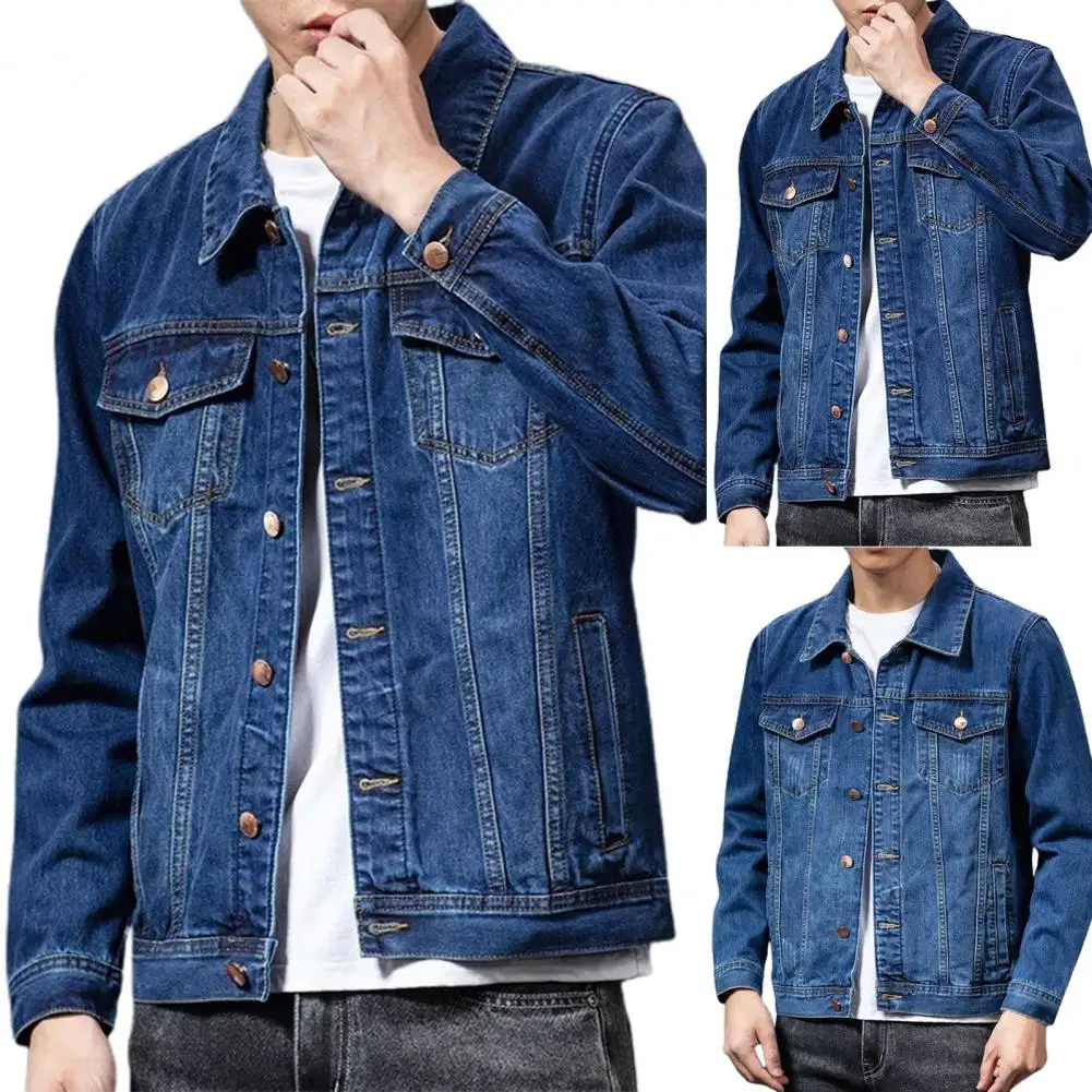 Spring Colorfast Men Jeans Coat Single-breasted Turn-down Collar Denim Cardigan Jacket Slim Fit Outwear jaqueta jeans masculina