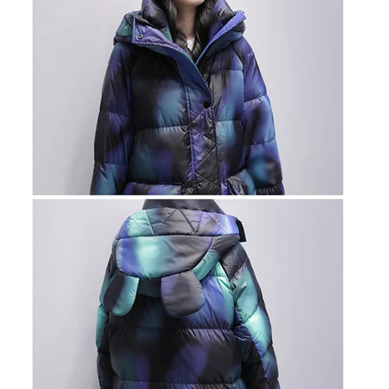 Gradient Color Women Hooded Long Down Coat 2024 Winter New Korea Loose White duck down Thick Snow Jacket Warm Outerwear Parkas