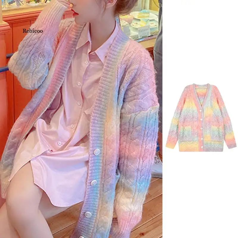 Women Rainbow Knitted Cardigan Long Sleeve Button Down Open Front Sweater Coat