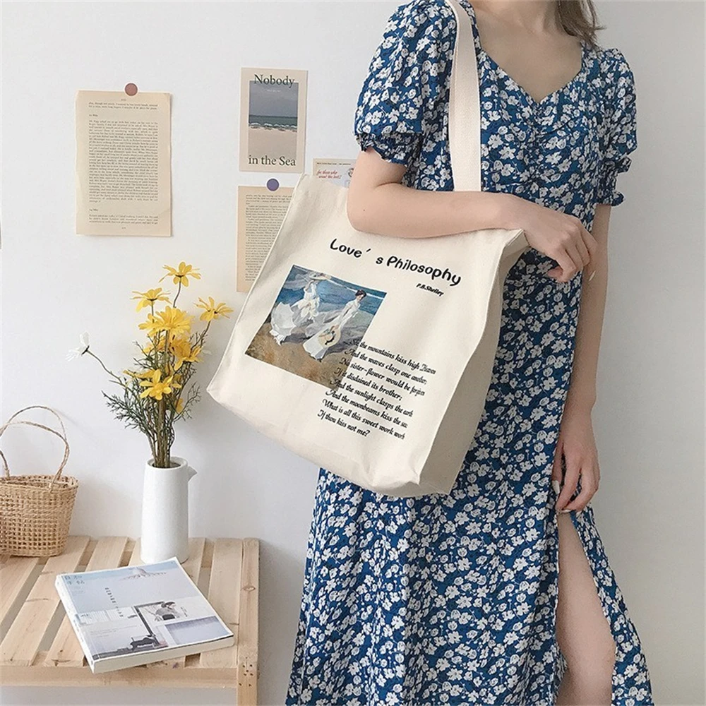 Oil Painting Canvas Shopping Bag Shoulder Bags for Women Leisure Handbag Lunch Eco Bag Large Capacity Student School Tote Bag