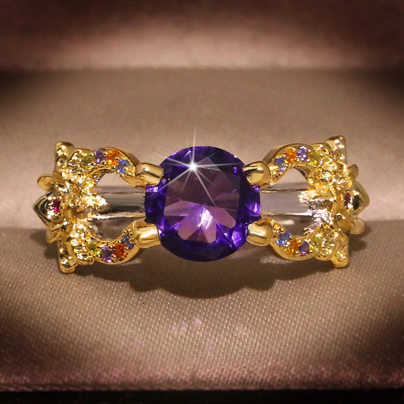 High quality Neo-Gothic Rings Women Wedding Band Golden Color Flowers bow with Purple Zircon Fashion Jewlery Wholesale