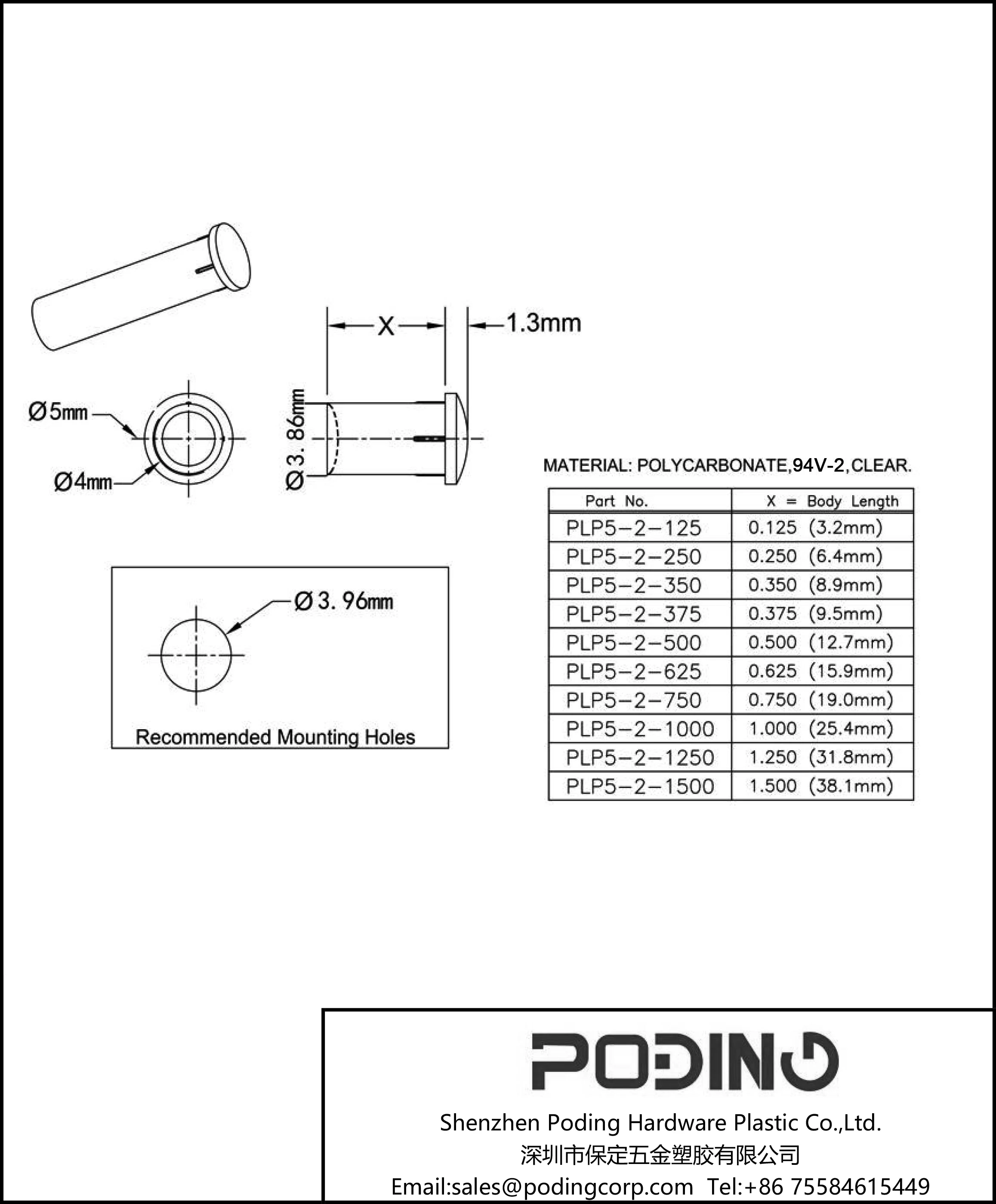 Ledライトパイプ,プラスチック,透明,丸頭,ピース/ロットpoding PLP5-2-125 rohs