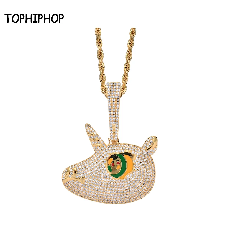 

TOPHIPHOP Colorful CZ Unicorn Pendant Necklace Fashion Ice Out CZ Stone Lucky Animal Necklace Hip Hop Jewelry Men's and Women's