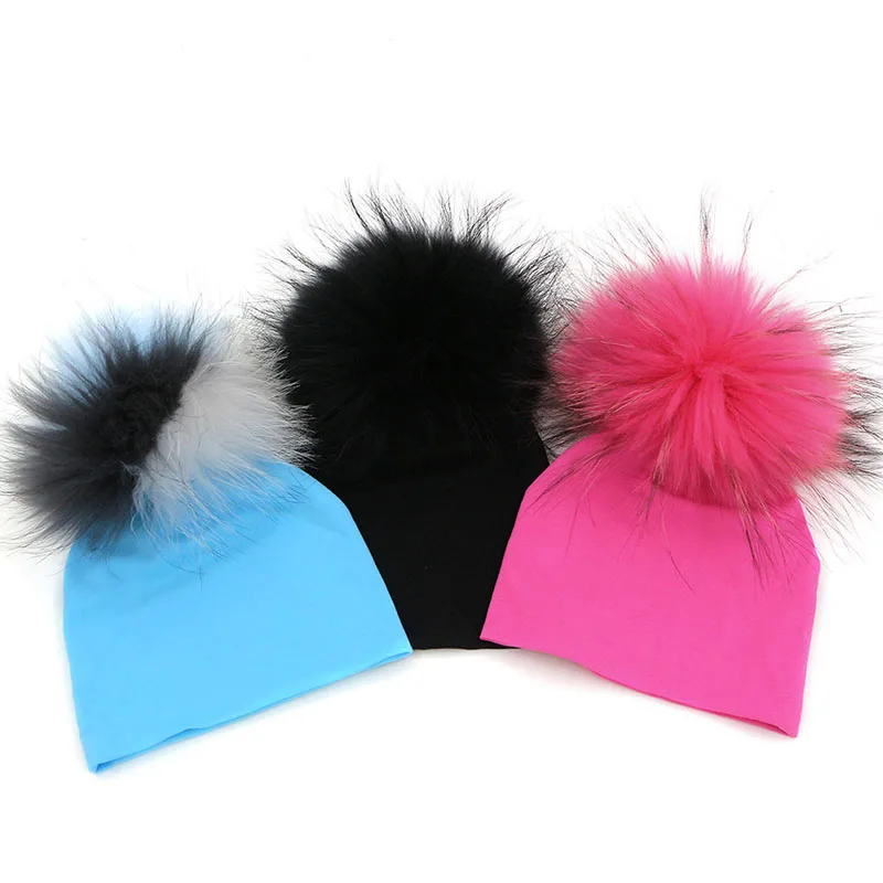 

GZHilovingL 2 pcs 0-3 month Baby Girls Boys Cotton hat with Real Fur pompom Hat Set Spring Baby Solid Hat Fur Ball Hat Girls
