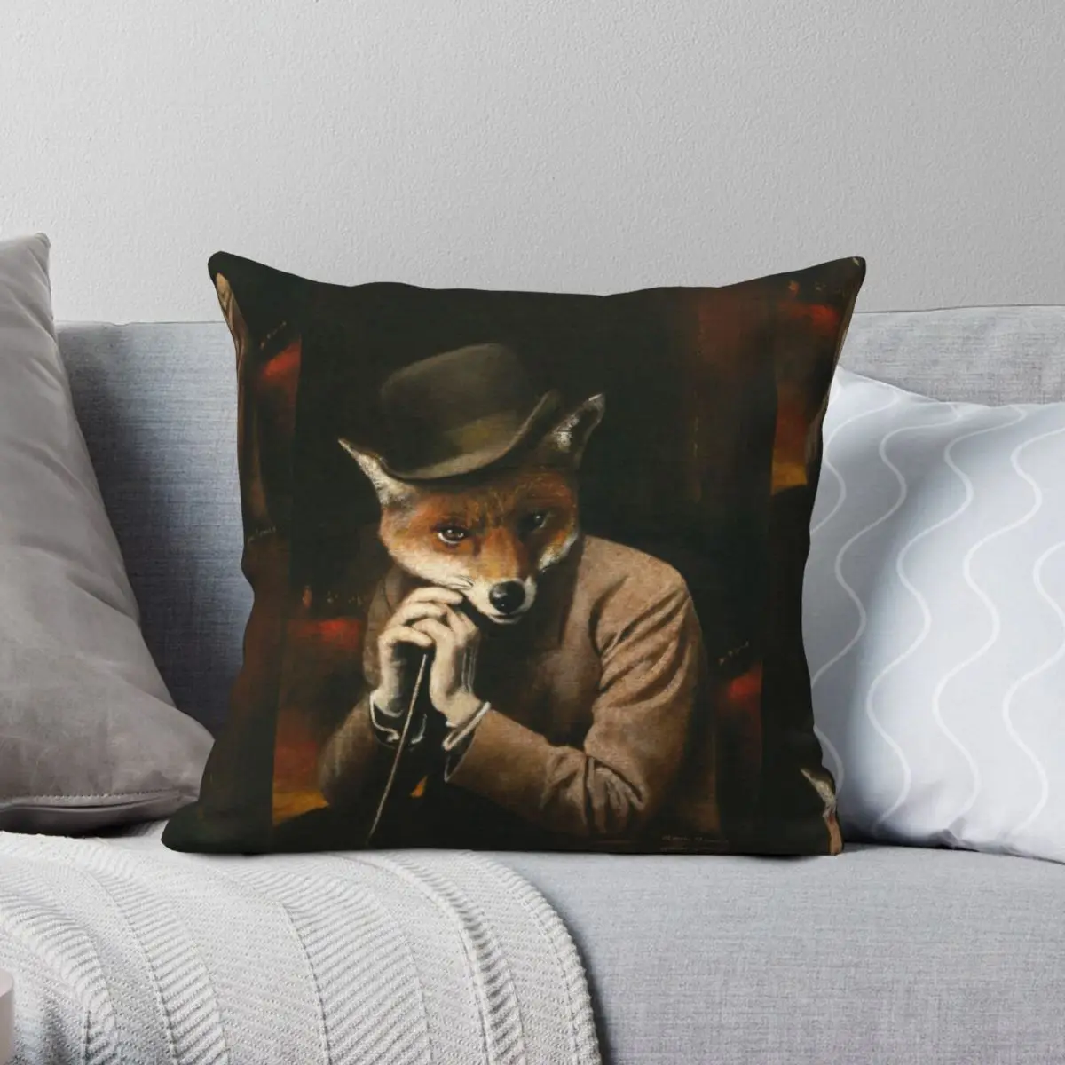 Edwardian Gentleman Fox Square Pillowcase Polyester Linen Velvet Printed Zip Decor Throw Pillow Case Car Cushion Case