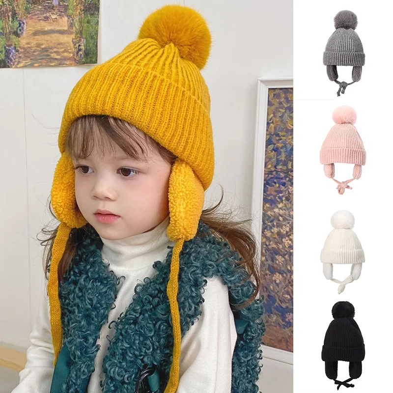 Winter Kids Hat with Plush Ear Flap Knitting Thick Beanie Cap Rib Cuff Pom Lined Warm Hat Gift for Christmas New Year's