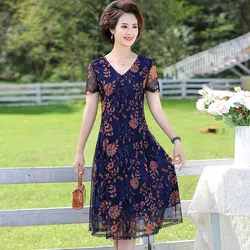 Middle-aged and elderly dress women summer 40-year-old Flower printed dress casual mid-length dress mid-length Mesh Vestidos