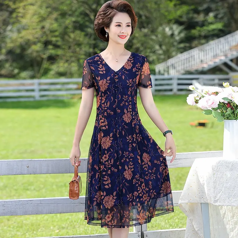 Middle-aged and elderly dress women summer 40-year-old Flower printed  dress casual mid-length dress mid-length Mesh Vestidos