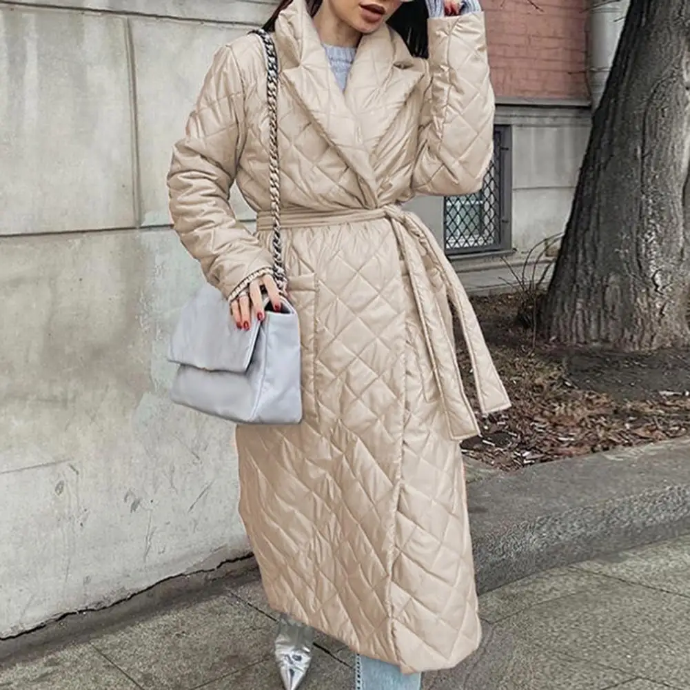 Winter Quilted Coats Women Long Parkas Vintage Plaid Loose Belt Jacket Overcoat Female Mid-Length Coat Outwear пальто женское