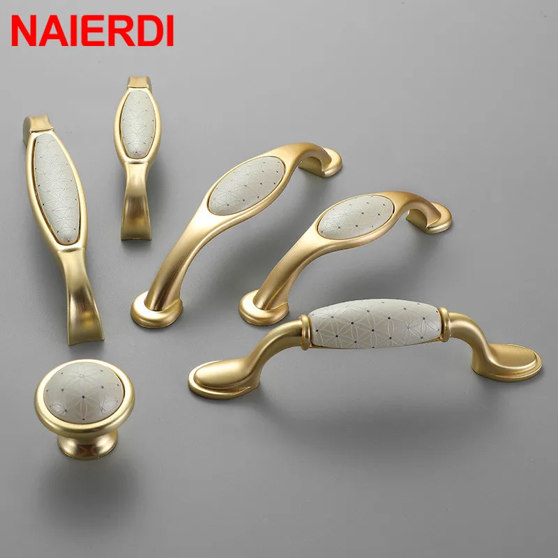 NAIERDI Creamic Gold and White Cabinet Handles Knobs Zinc Alloy Drawer Pulls Kitchen Door Handles Furniture Handle Door Hardware