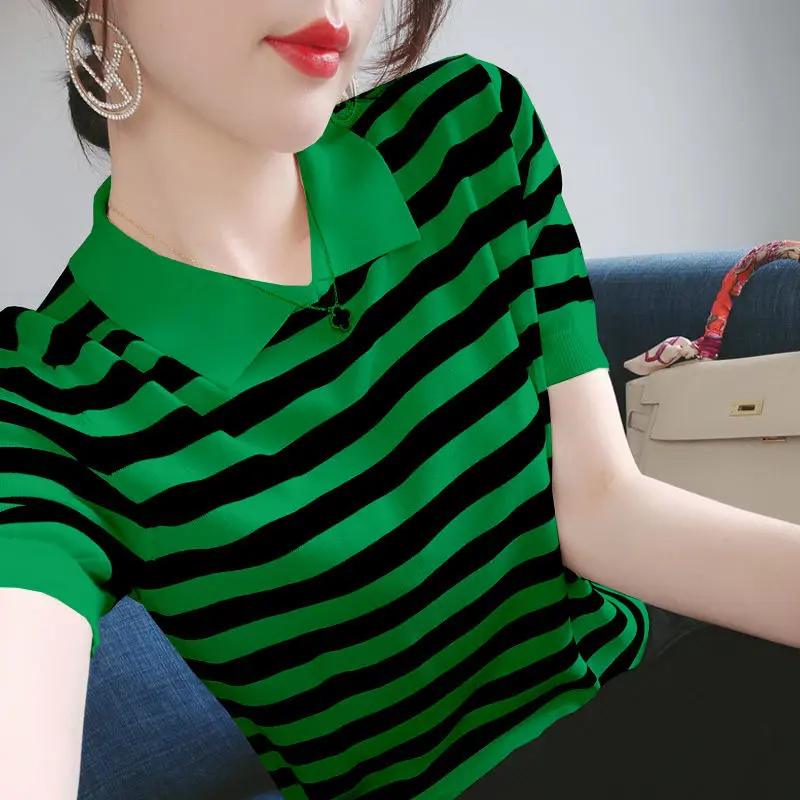 

POLO collar short sleeve T-shirt women's 2024 summer new loose slim large size thin coat ice silk knit base