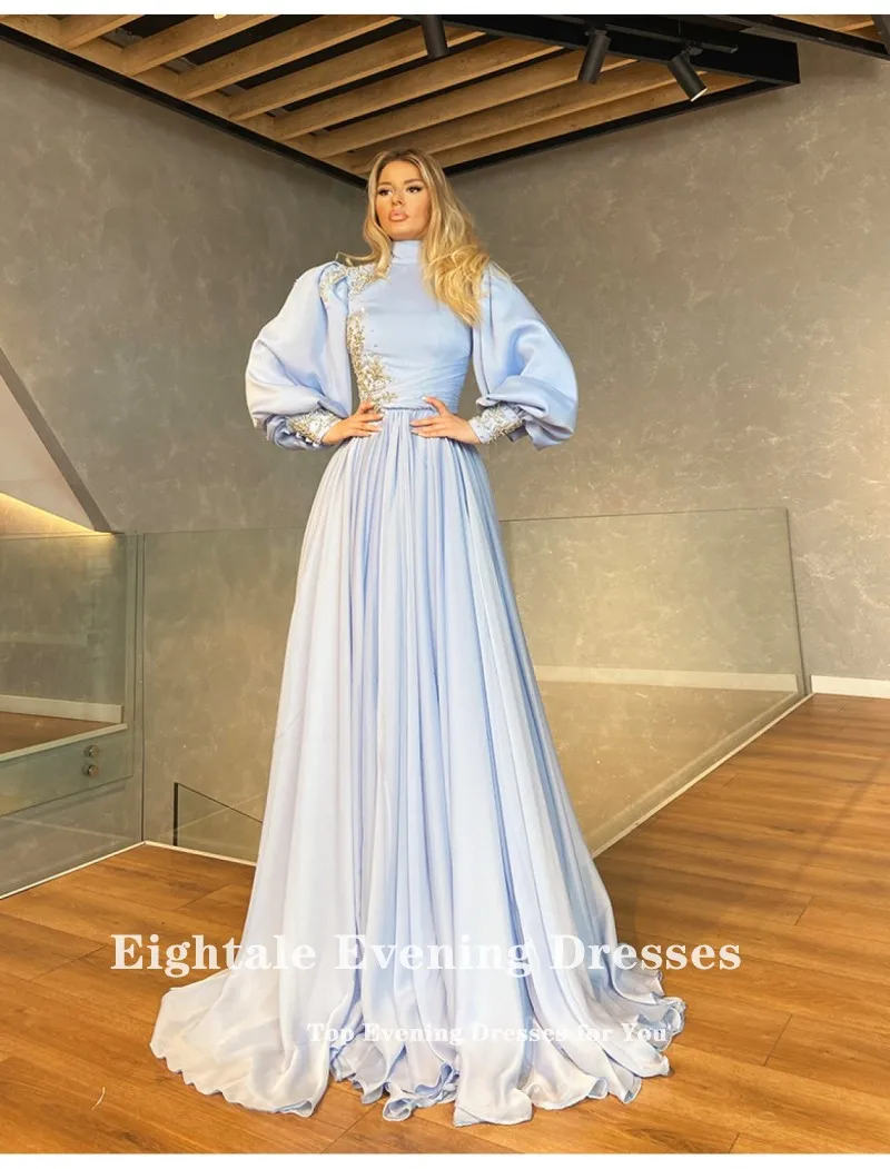 Eightale Arabisch Avondjurken Hoge Hals Kralen Lange Puffy Mouwen A-lijn Satijn Moslim Dubai Kaftan Prom Gown Party Dress 2021