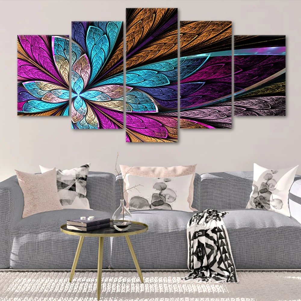 

5 Pieces Wall Art Canvas Painting Abstract Fractal Flower Poster Modern Living Room Bedroom Home Decoration Pictures Framework