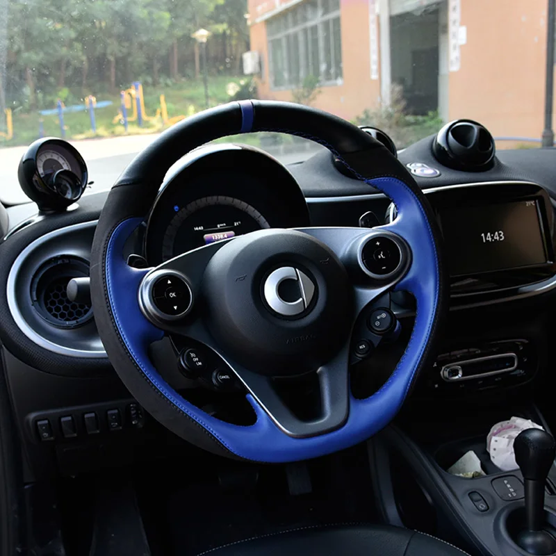 Car Interior Diameter 38CM DIY Genuine Leather Steering Wheel Covers For Smart Fortwo Forfour 453 Decoration Styling Accessories