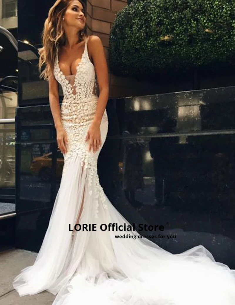 LORIE 인 어 공주 웨딩 드레스 레이스 2020 스파게티 스트랩 소프트 Tulle Backless 신부 가운 기차와 민소매 신부 드레스