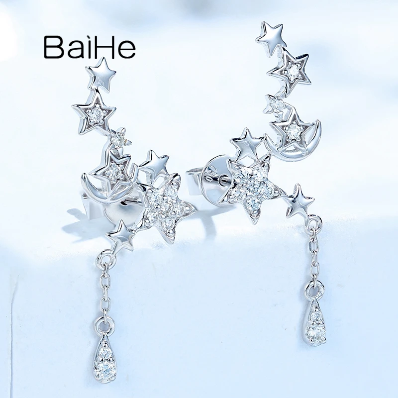 BAIHE Solid 18K White Gold H/SI Natural Diamond Star Stud Earrings Women Wedding Trendy Fine Jewelry Making Brincos de estrela