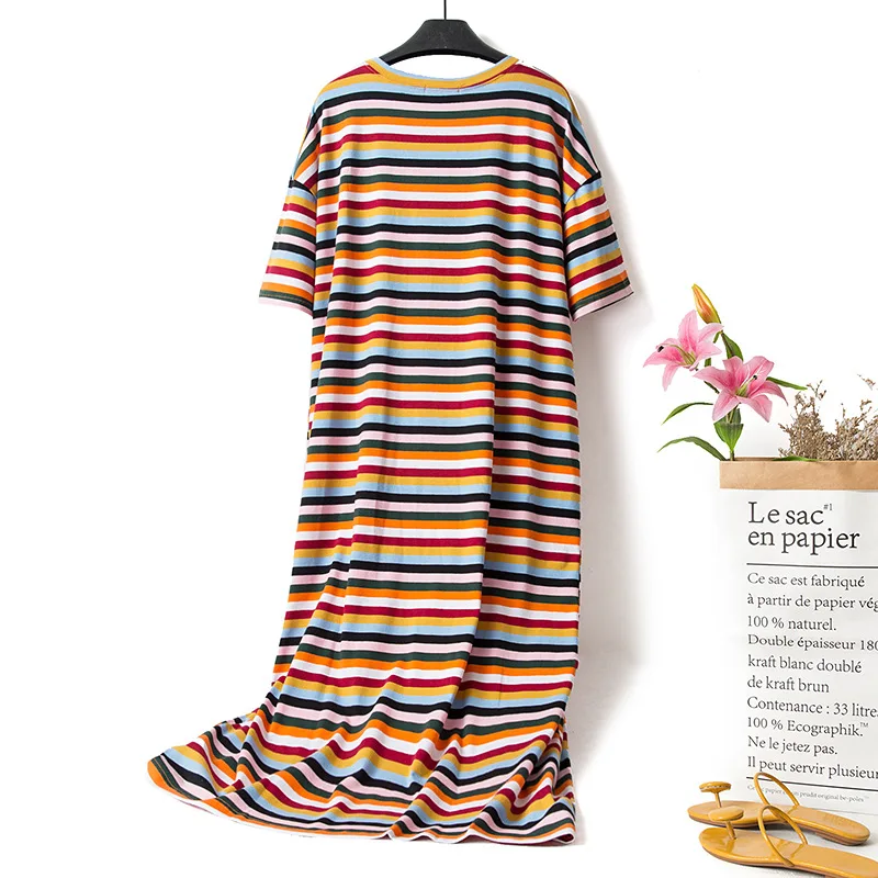 Oversize Women Cotton Nightgown Loose Cartoon Sleepwear Ladies Striped Nightwear Sleep Wear Night Gown pregnant woman Dress