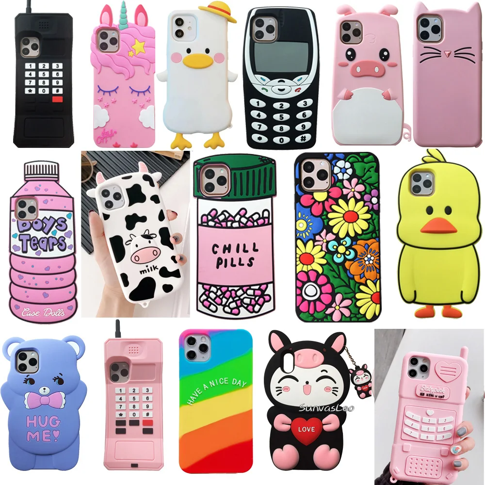 Soft Silicone Case for iPhone SE 2020, 7, 8 Plus, X, XR, XS Max, 12 13 14 15 Pro Max, Mini, 3D, cartoon, animal, back cover