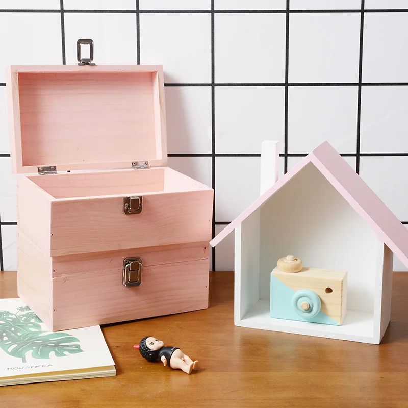 Creative Wooden Pink Printed Storage Box Jewelry Storage Boxes with Lock Crafts Sundries Container Flamingo Box Household Decor