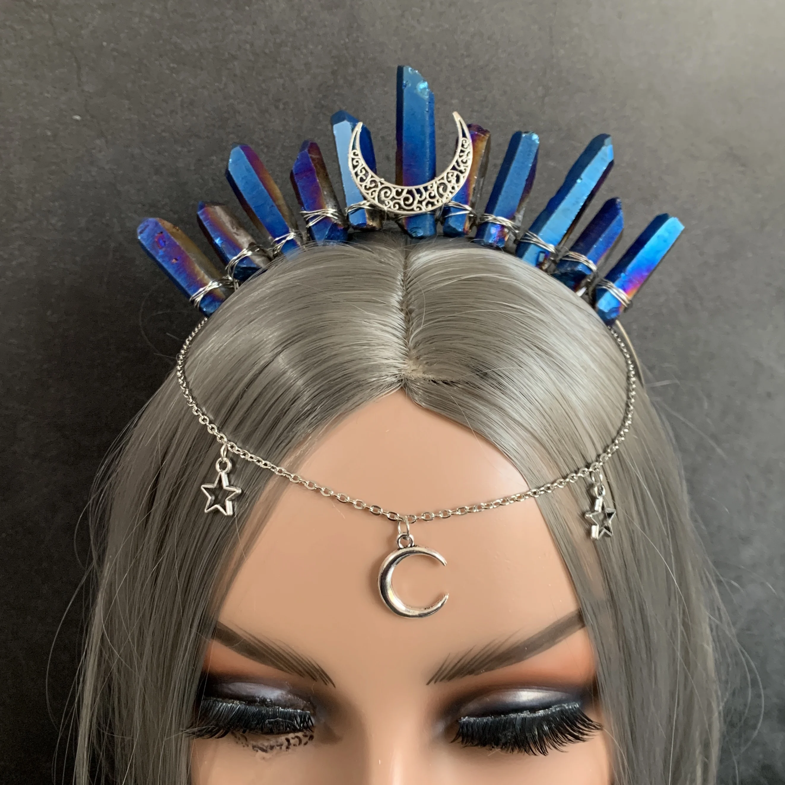 Blue titanium quartz crystal crown, witchy gothic mermaid festival boho alternative wedding moonchild crown tiara