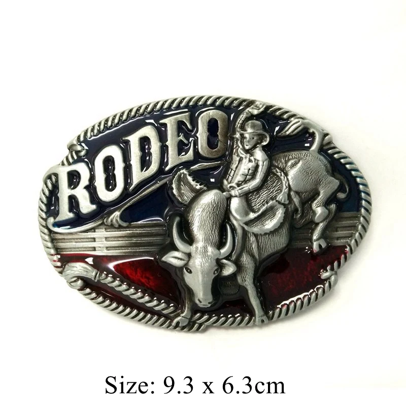 Black PU Leather Casual Mens Belts with Rodeo Cowboy Bull Rider Riding Metal Buckle Red Enamel Cool Western Male Accessories